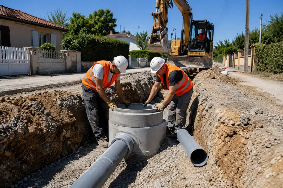 Ouvriers posant un regard de branchement sur une canalisation d'assainissement en tranchée