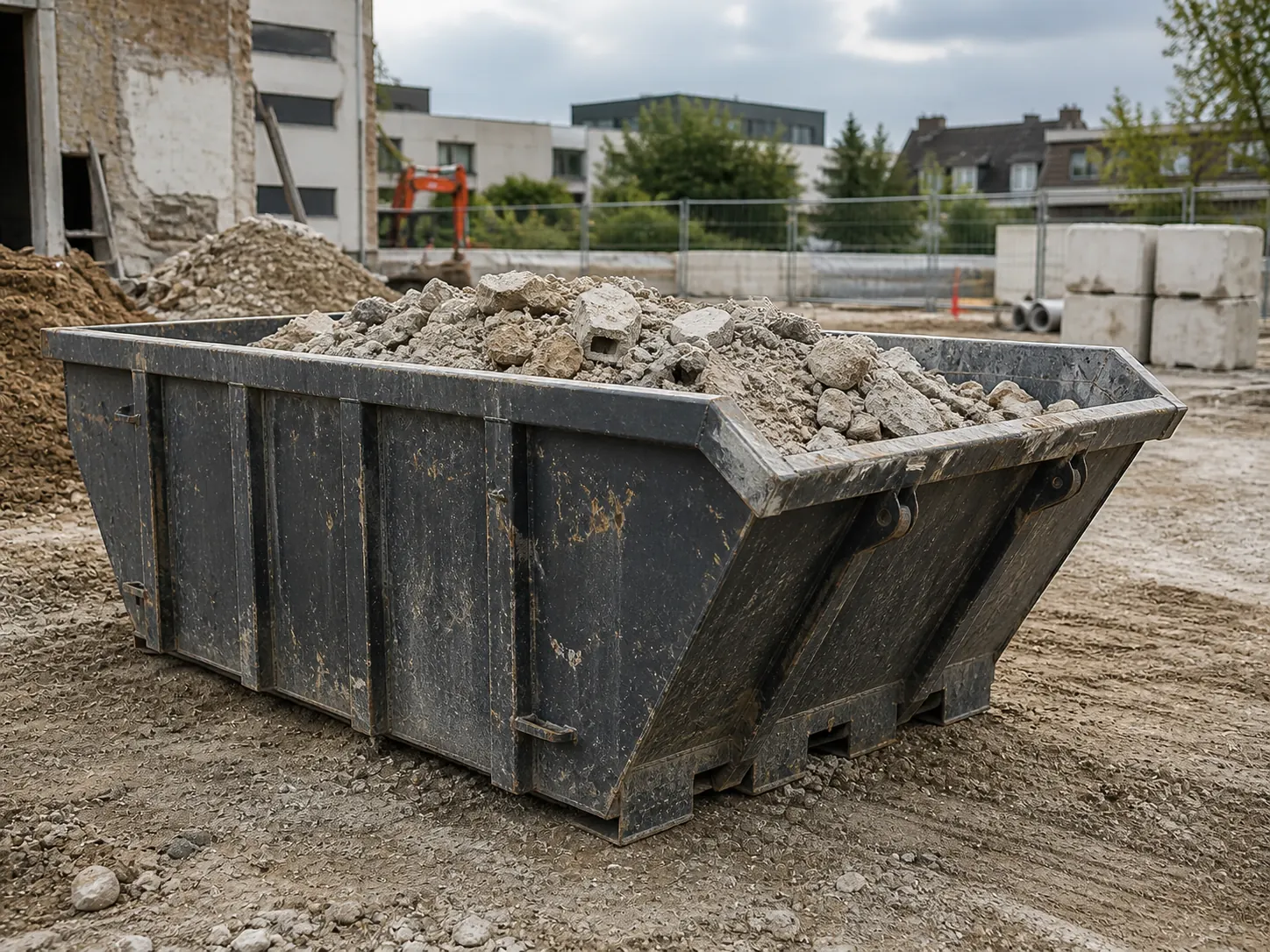 Benne de chantier remplie de gravats de démolition sur un site urbain