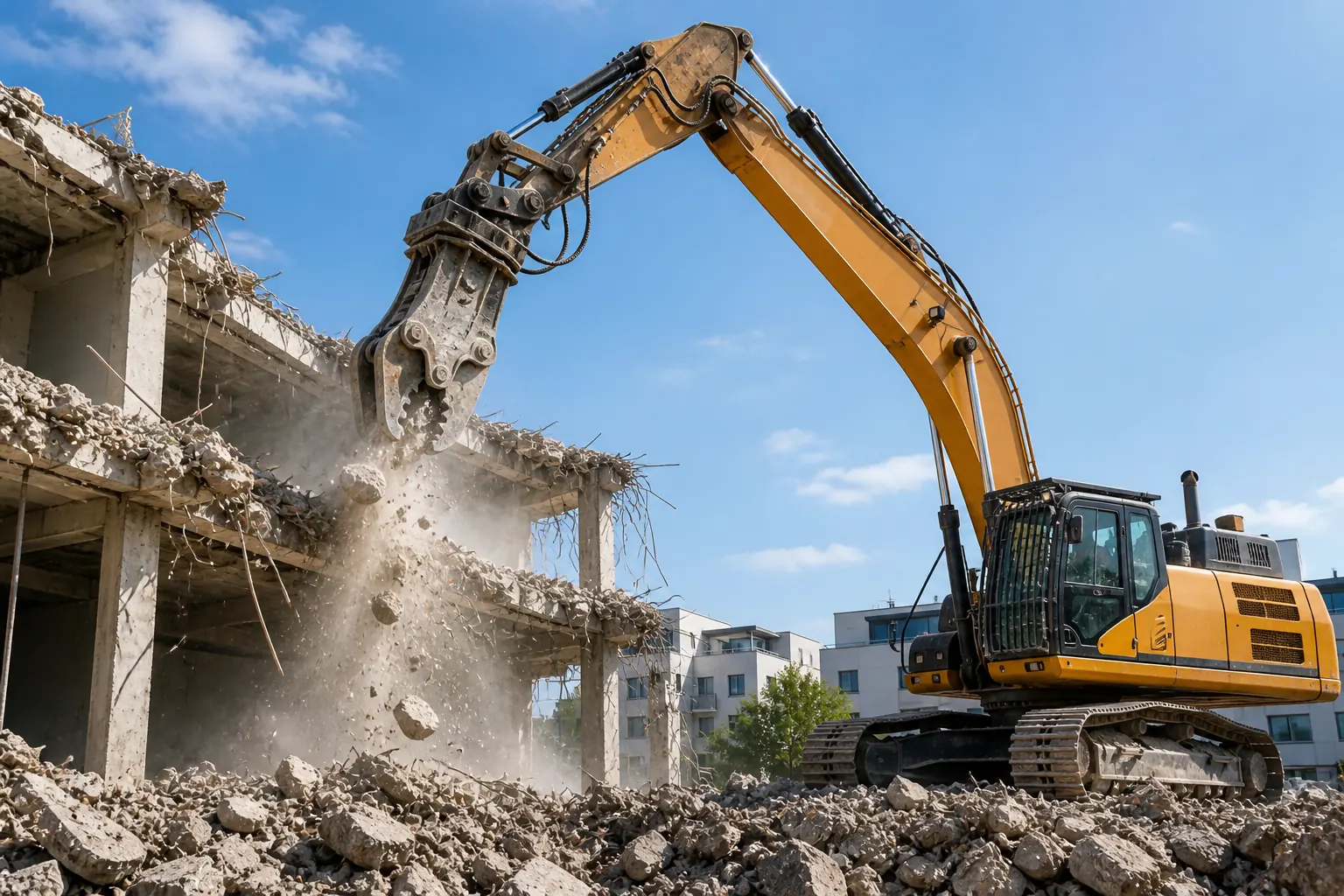 Pelle équipée d'une pince de démolition sur un bâtiment en cours de déconstruction
