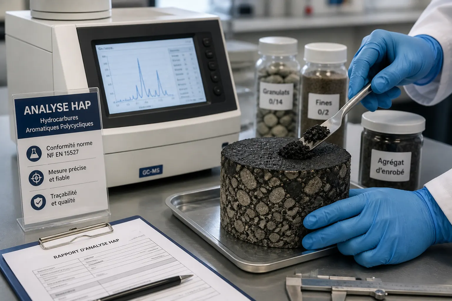Carotte d'enrobé prélevée en laboratoire pour analyse HAP par chromatographie