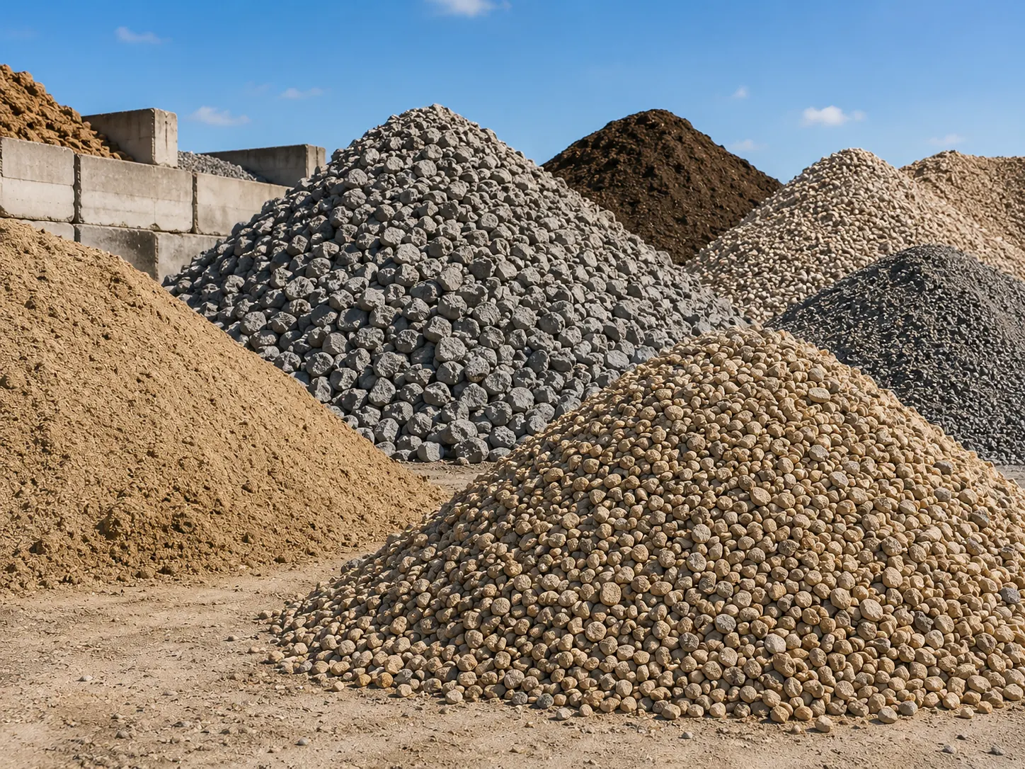 Tas de granulats de nature différente sur une aire de stockage, sable, grave naturelle et grave concassée