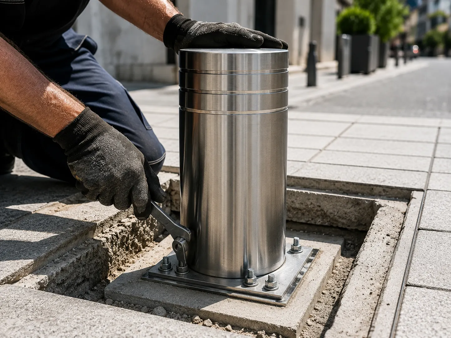 Technicien scellant une borne escamotable en acier inoxydable sur un trottoir