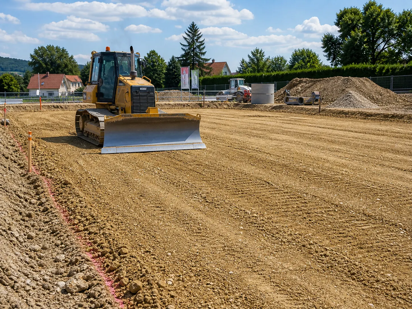 Bulldozer nivelant un terrain avant construction, quartier pavillonnaire en arrière-plan