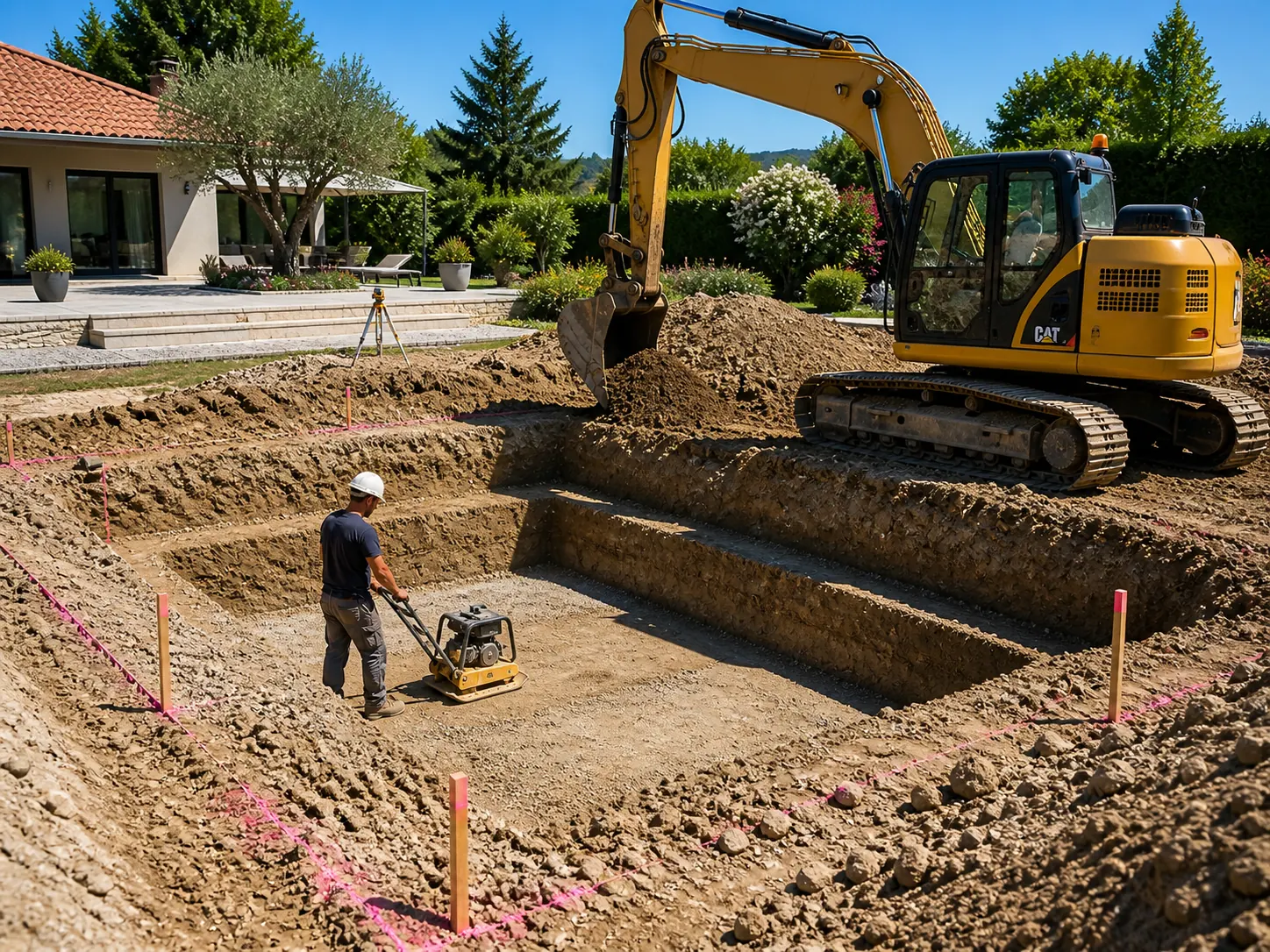 Excavation d'un bassin de piscine à la pelle mécanique, opérateur au compacteur à plaque en fond de fouille
