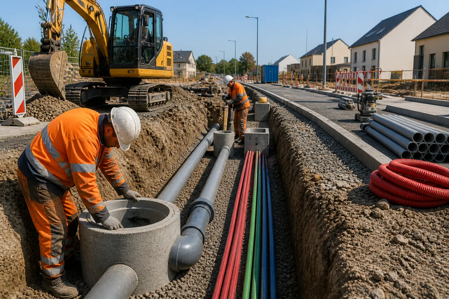 Tranchée VRD ouverte avec fourreaux de couleurs différentes (rouge, vert, bleu) et canalisation en attente de raccordement
