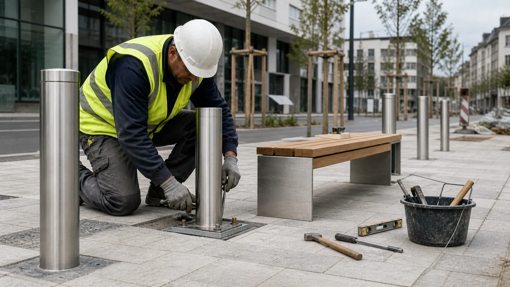Pose de mobilier urbain bornes et barrières collectivités
